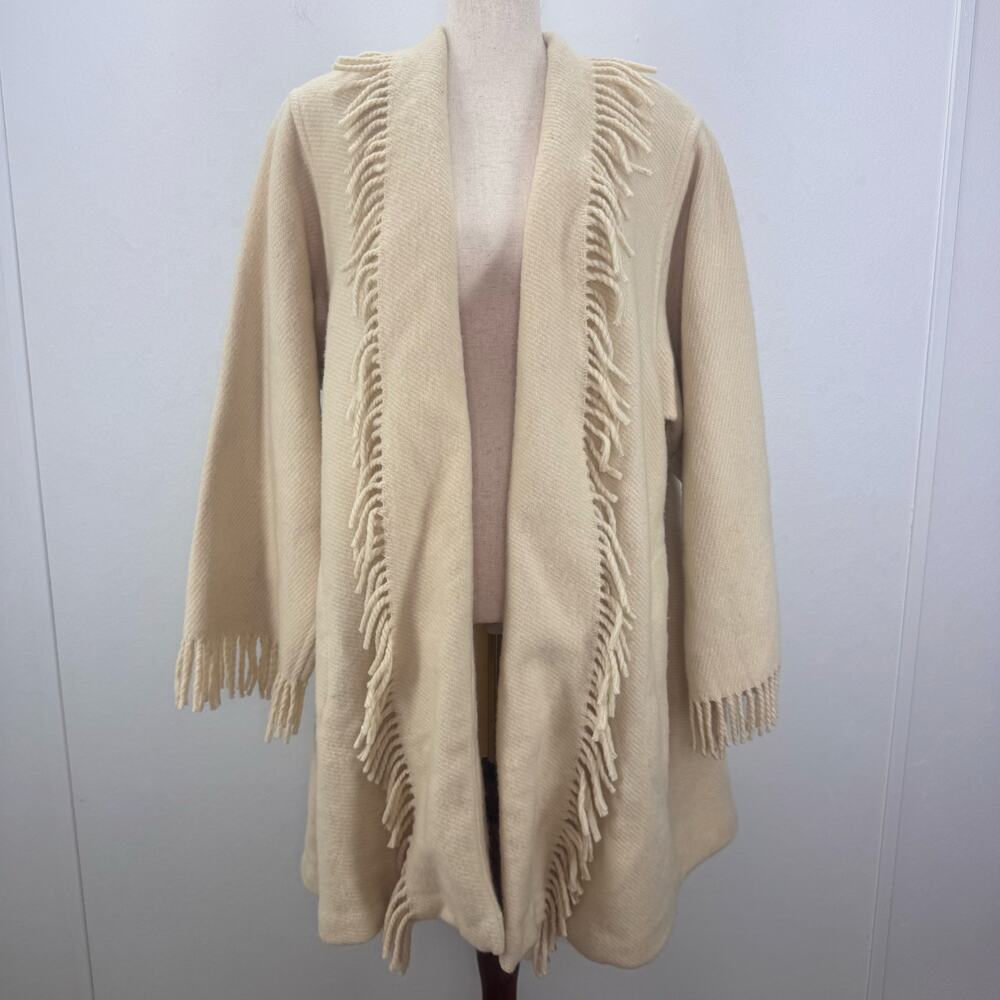 Vintage Women Wool Tweed Coat Oversized Fringed Lagenlook Artsy Boho Small Ivory